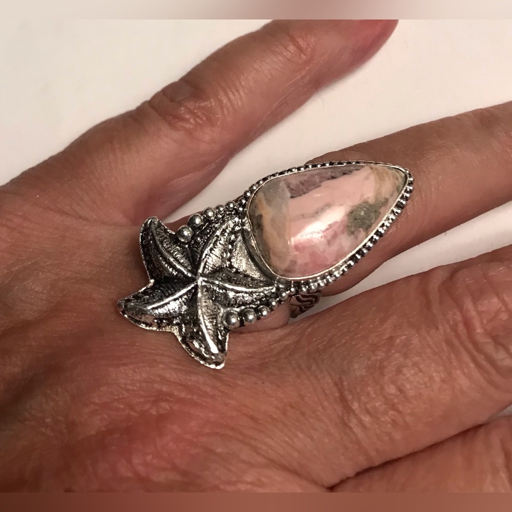 Peruvian Pink Opal Stamped 925 Sterling Silver Ring